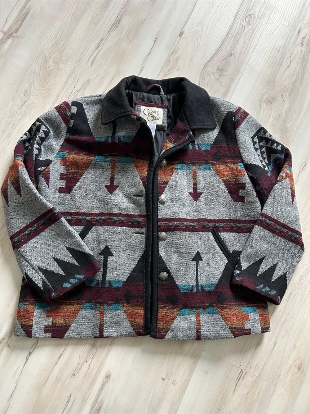 Cripple Creek women's Grey Aztec Snap-Front Pea Coat